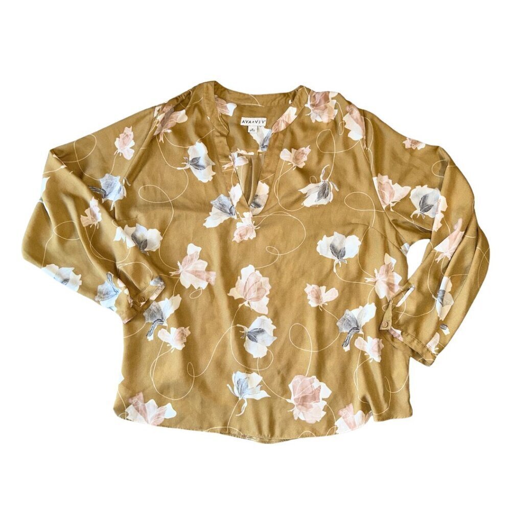 Mustard Yellow Ava & Viv 2x Women's Long Sleeve V Neck Blouse